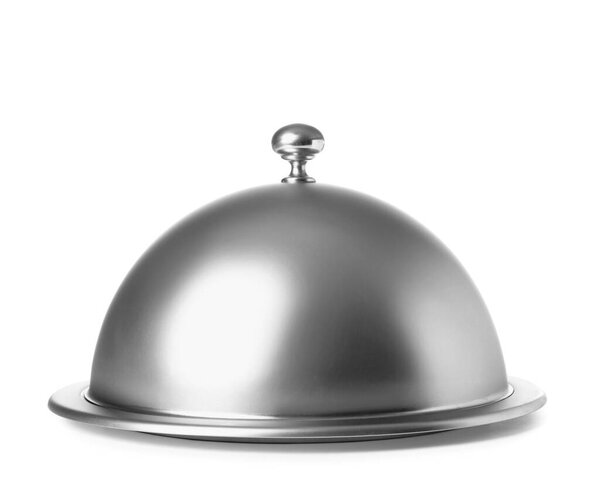 Metal tray with cloche on white background