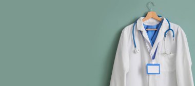 Beyaz sağlık üniforması, rozet ve steteskop yeşil arkaplan ve metin için boşluk