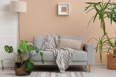 Oturma odasının içinde kanepe, katlanan perde ve hasır sepetlerde palmiye bitkileri var.