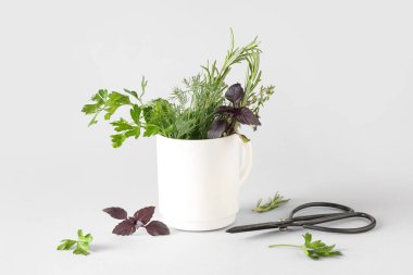 Farklı taze otlar ve arka planda makaslarla dolu bir kupa.