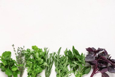 Hafif arka planda bir sürü taze bitki.