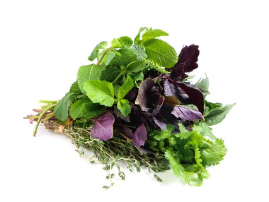 Beyaz arka planda taze aromatik bitkiler yığını