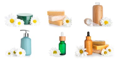 Beyaz arkaplanda papatya özlü kozmetik ürünleri seti