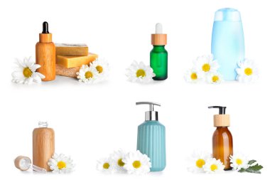 Beyaz arkaplanda papatya özlü kozmetik ürünleri seti