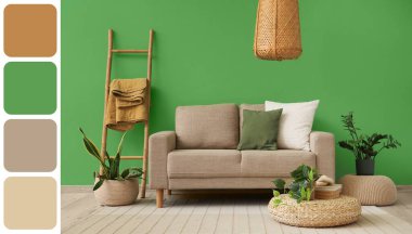 Oturma odasının içinde gri kanepe ve yeşil duvarın yanında bitkiler var. Farklı renk desenleri