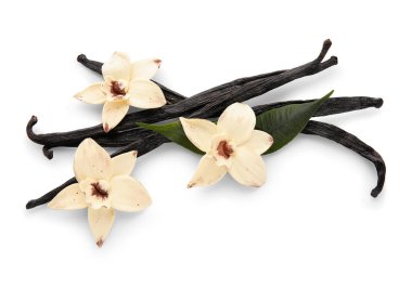 Aromatik vanilya çubukları ve beyaz arka plan üzerinde çiçekler