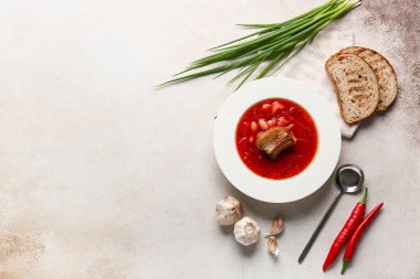 Beyaz zemin üzerinde farklı baharatlar ve ekmek dilimleri olan geleneksel Ukrayna borşundan bir kase