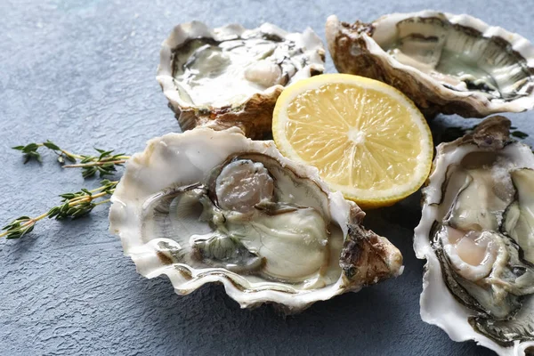 Mavi arka planda kekik ve limonlu leziz taze istiridyeler, yakın plan.