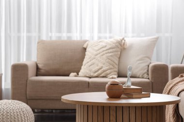 Oturma odasındaki masada kitap ve hava dağıtıcılı heykel.