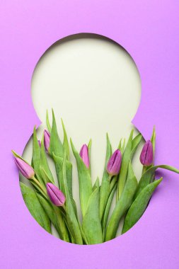 Yeşil zemin üzerinde güzel laleler olan mor kağıdı figür 8 şeklinde kes