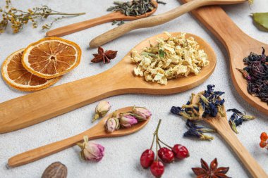 Beyaz grunge arka planda farklı kuru çay kaşıklarıyla kompozisyon, yakın plan.