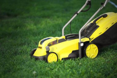 Yeşil çimlerin üzerinde modern çim biçme makinesi.