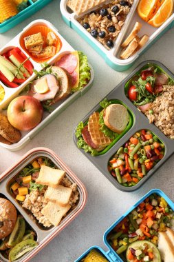 Hafif arka planda farklı lezzetli yemekleri olan bir sürü beslenme çantası.