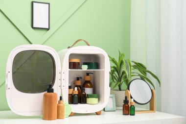 Kozmetik ürünleri ve yeşil duvarda ayna olan küçük buzdolabı.