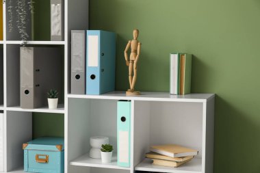 Yeşil duvarın yanında doküman dizinleri ve bitkileri olan raflar