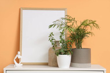 Ev bitkileri, biblo, vazo ve boş fotoğraf çerçevesi oturma odasındaki turuncu duvarın yanındaki çekmecelerde.