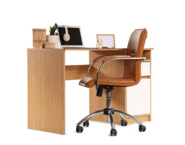 Modern dizüstü bilgisayarı, ev bitkisi ve beyaz arka planda izole edilmiş kitapları olan şık çalışma alanı