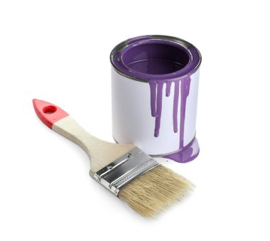 Beyaz arkaplanda fırça ile mor boya kutusu