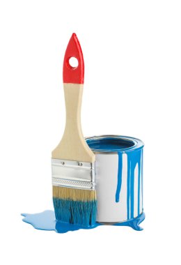 Beyaz arkaplanda fırça ile mavi boya kutusu