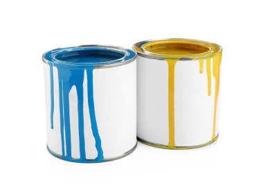 Beyaz arka planda mavi ve sarı boya kutuları