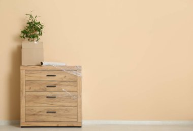 Sarılı çekmeceler, streç film rulosu ve bej duvarın yanında bitki örtüsü.