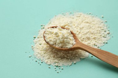 Turkuaz arka planda toz sütle tahta kaşık, yakın plan.