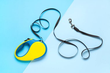 Renk arkaplanında kurşun olan geri çekilebilir köpek tasması