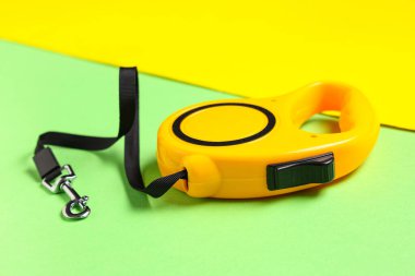 Arka planda kurşun bulunan sarı geri çekilebilir köpek tasması