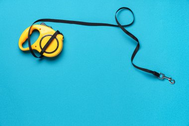 Sarı geri çekilebilir tasmalı mavi arka planda kurşun