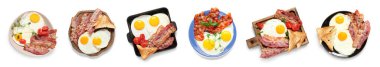 Set of tasty fried eggs with bacon on white background, top view