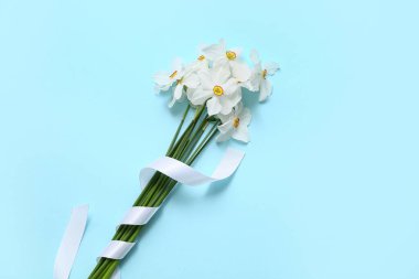 Mavi arka planda bir buket güzel nergis çiçeği