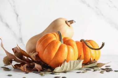 Tohumları olan taze balkabakları ve beyaz arka planda sonbahar yaprakları