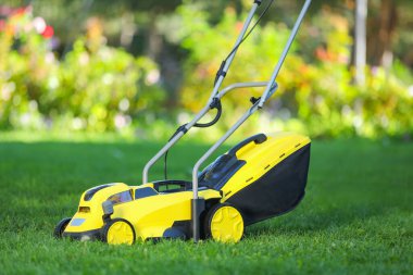 Yeşil çimlerin üzerinde modern çim biçme makinesi.