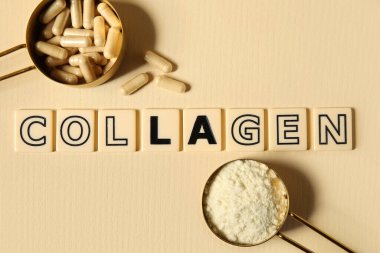 Kolajen tozu, hap ve kelime kolajlı Scoops bej arka planda, yakın plan