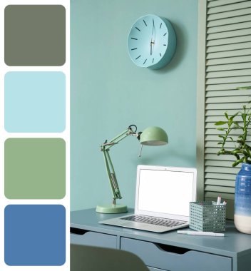 Modern dizüstü bilgisayarı, bambu sapı ve lambası olan rahat bir iş yeri. Farklı renk desenleri