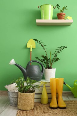 El arabası, bahçe aletleri ve bitkilerle dolu bir atölye.