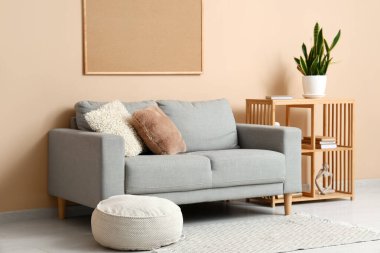 Oturma odasının içinde raflarda eski kitaplar ve bej duvarın yanında kanepe var.