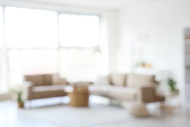 Blurred view of stylish living room with grey sofas on coffee table and big window
