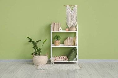 Yeşil duvarın yanında kitapları, dekorasyonu ve bitkileri olan raf ünitesi