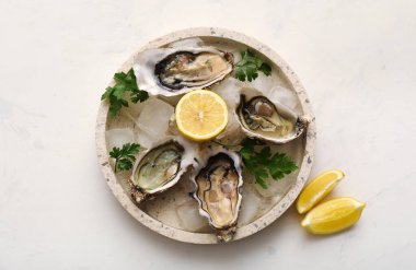 Lezzetli taze istiridye, beyaz arka planda limon ve maydanoz.