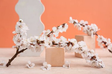 Güzel çiçek açan ağaç dallarıyla dekoratif podyumlar ve renkli arka planda çiçekler