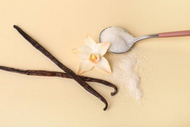 Bir kaşık vanilya şekeri, çubuklar ve çiçek.