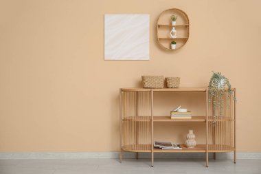 Salonda bej duvarın yanında saksısı, resmi ve rafı olan raf ünitesi