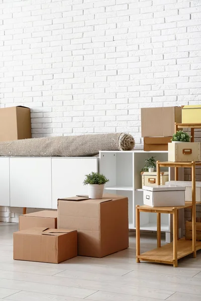Taşındığı gün oturma odasında raf üniteleri olan karton kutular.