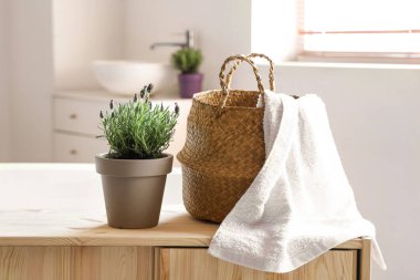 Lavanta çiçekli tencere ve çamaşır sepeti banyoda klozette, yakın plan.