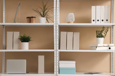 Ofis klasörleri ve oturma odasındaki bej duvarın yanında çiçekleri olan raf ünitesi.