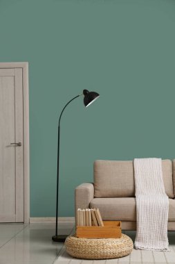 Gri kanepesi, lambası ve puf olan şık bir oturma odası.