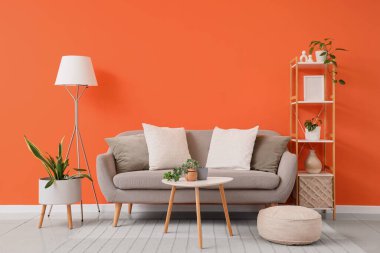 Gri kanepesi, lambası ve raf ünitesi olan şık bir oturma odası.