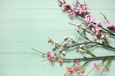 Yeşil ahşap arka planda farklı filizlenen dallar