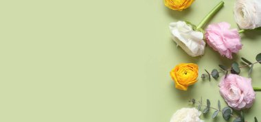 Metin için alanı olan yeşil arkaplanda güzel çiçekler